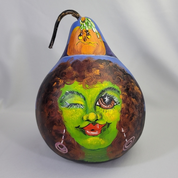 Handpainted Witch And Pumpkin Gourd - Halloween OOAK - Picture 12 of 12